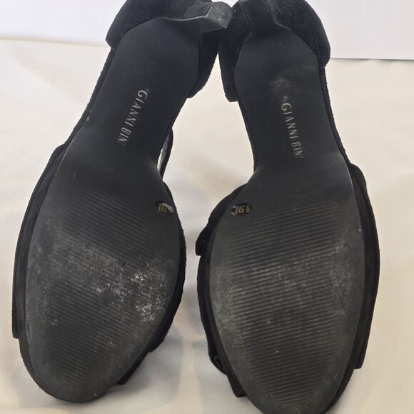 Gianni Bini Aimee Black Suede Women 9.5M Rhinestone Ruffle Top Open Toe Heels - Picture 9 of 9